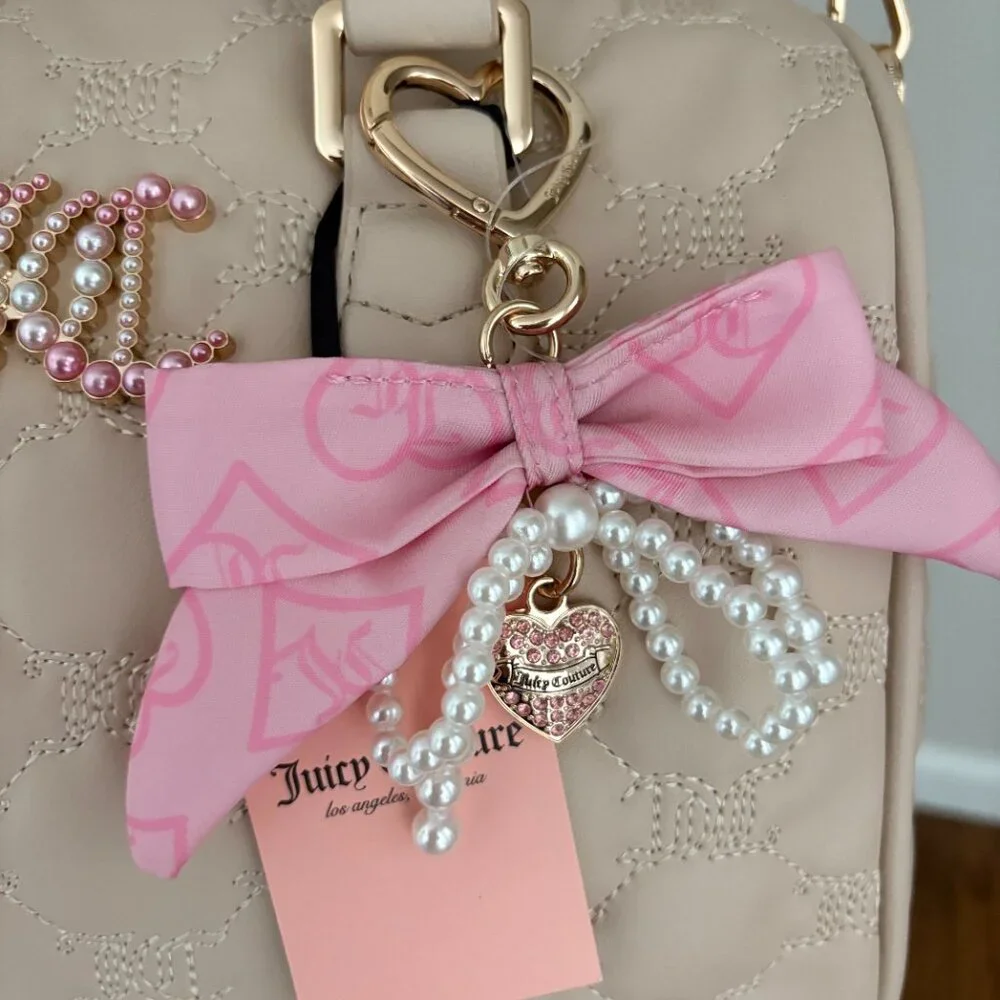 Juicy Couture Tie The Knot Satchel Sandstone Pink Bow Faux Pearl Charm Chic
